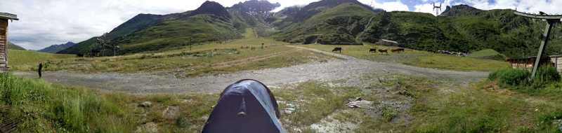 panorama of our wild camp on top of the Alps, next to the abandoned ski resort